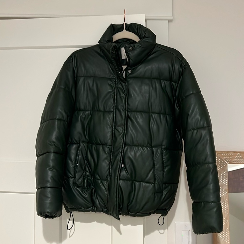 Faux leather dark green puffer coat size XS